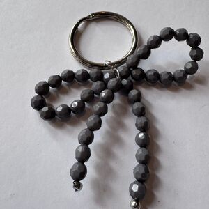 Purse Accessories Key Ring Charms Bow Beaded Gray Silver Handmade Gift